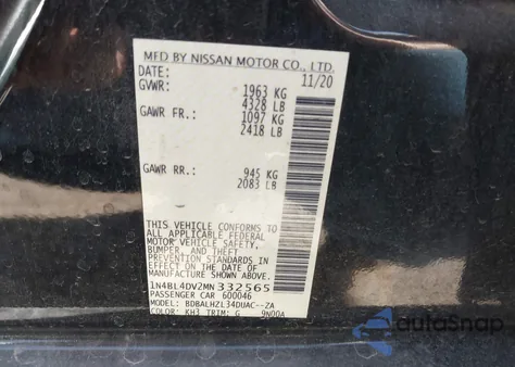 2021 Nissan Altima Sv из США, поврежденный, VIN 1N4BL4DV2MN332565